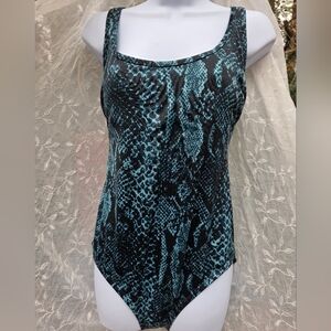 All in Motion One Piece Swimsuit, Green, Black Animal Print, String Tie, Padded